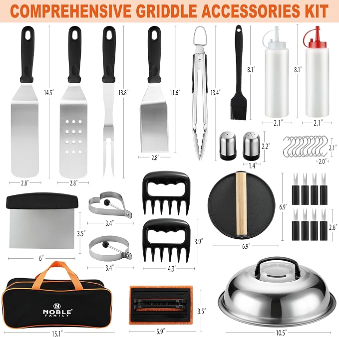 N NOBLE FAMILY 38PCS Griddle Accessories Kit, Professional Grill Tools Set for Outdoor Barbecue, Stainless Steel Griddle Spatula Set with Tongs, Smash Burger Press, Carry Bag, Perfect Grilling Gifts