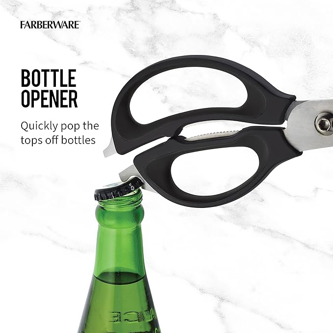 Farberware 4-in-1 Kitchen Scissors with Black Handle, High-Carbon Stainless Steel Shears with Jar Opener, Bottle Opener and Screwdriver, Kitchen Shears for Food Prep