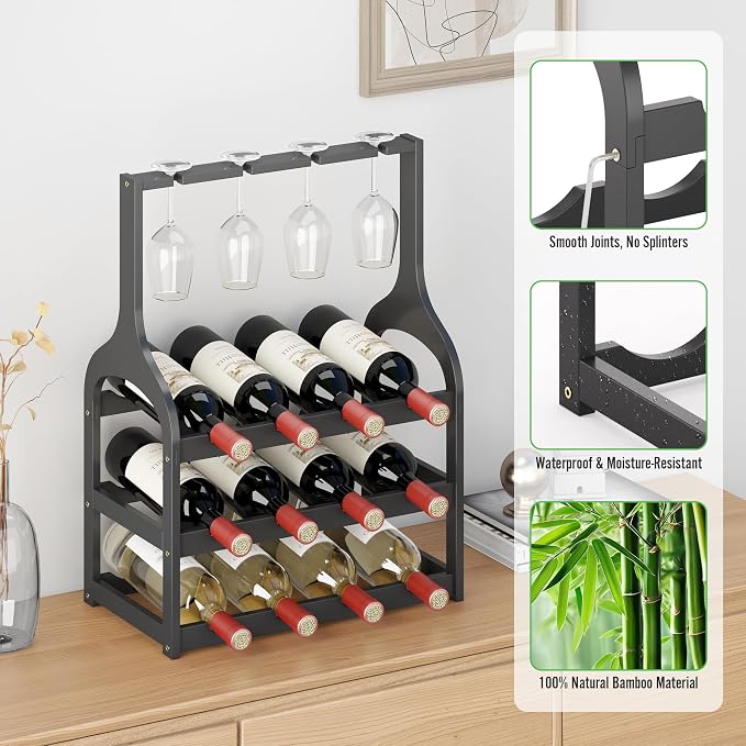 Bamboo Wine Rack Countertop, Small Free Standing Racks Tabletop Display | 12 Wine Bottles and 4 Glass Holder | Wooden Wine Storage Organizer Shelves for Kitchen Bar, Cellar, & Dining Room | Black