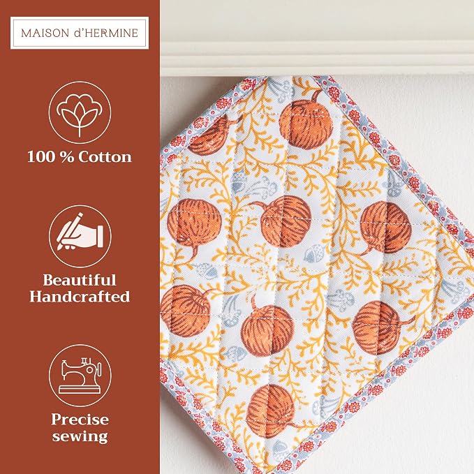 Maison d' Hermine Pot Holders 100% Cotton Potholders (8" x 8", Pack of 2) | Heat Resistant Hot Pads with Loop BBQ Cooking Baking Kitchen Handling Hot Pans Thanksgiving Christmas - Harvest Festival
