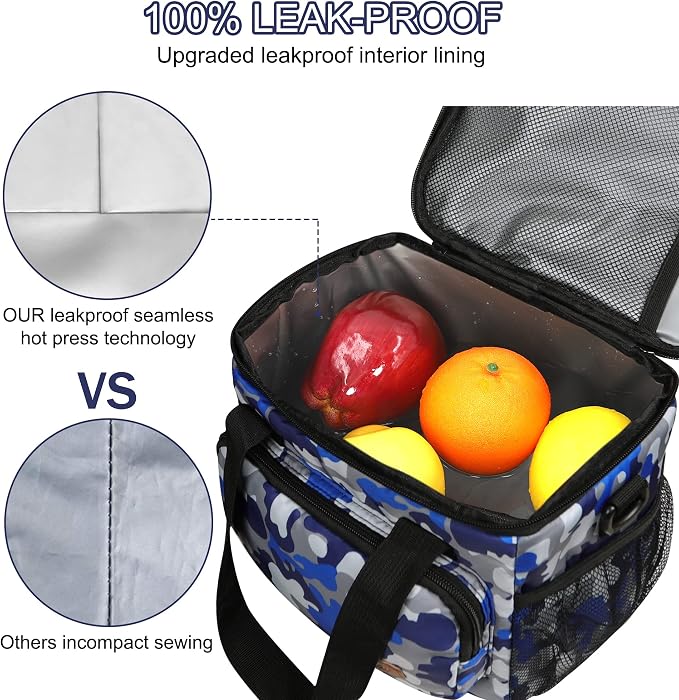 Lunch Bags for Women/Men, Insulated Lunch Bag for Work Office - Lunch Cooler Bag Leakproof Lunch Box with Adjustable Shoulder Strap - Blue Camouflage