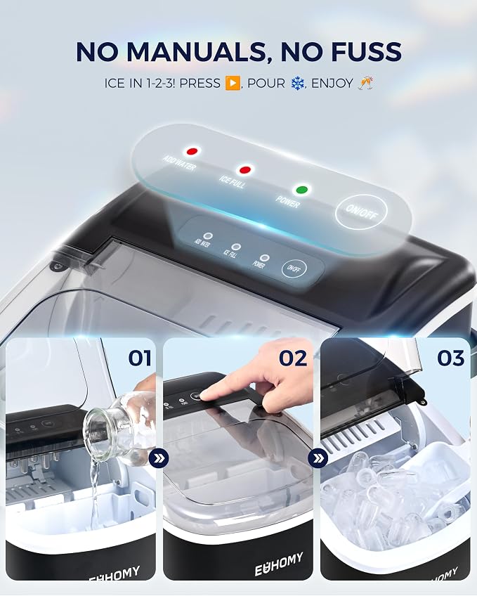 EUHOMY Countertop Ice Maker Machine with Handle, 26.4lbs in 24Hrs, 9 Ice Cubes Ready in 6 Mins, Self-Cleaning Portable Ice Maker with Basket and Scoop, for Home/Kitchen/Camping/RV. (Black)