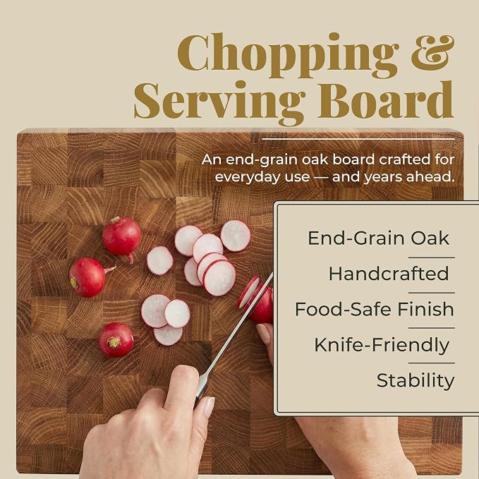 End Grain 10"x7.5" European Oak Wood Cutting Board with Non-Slip Feet & Handles, Charcuterie Board, Knife-Friendly, Serving Chopping Board for Kitchen