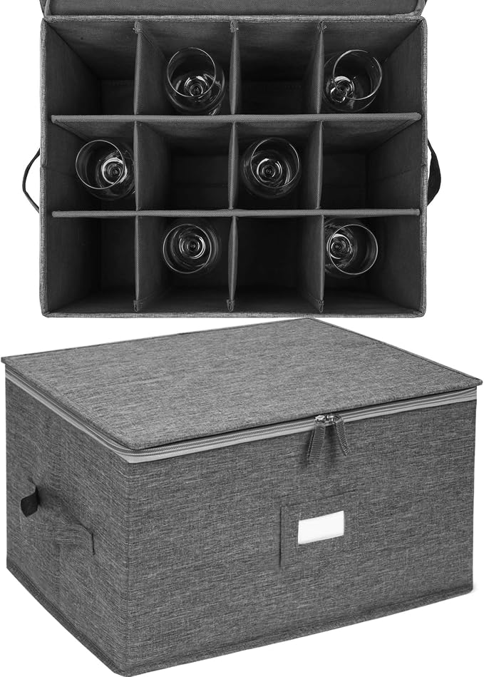 popoly Stemware Storage Containers (2 pack), Wine Glass Storage Box with Dividers for Glassware or Crystal, Holds 12 Red or White Wine Glasses, Hard Top and Stackable (Grey) | Glassware Storage Containers Holds 24 Red, White Wine Glasses or Crystal, St...