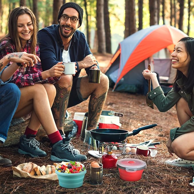 4 Pcs Collapsible Bowls with Lids Silicone Camping Food Storage Container Expandable Folding Salad Lunch Box Travel Container for Hiking Camping