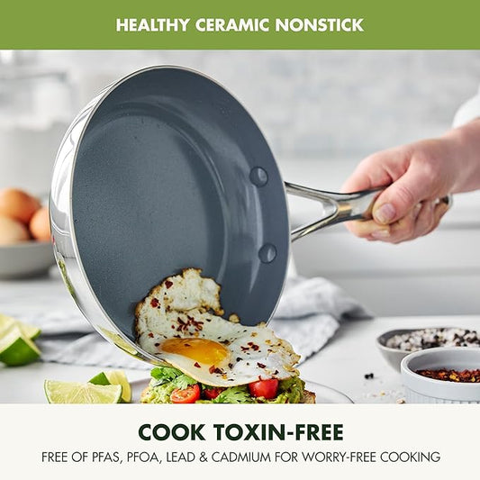 GreenPan Valencia Pro Stainless Steel 12” Frying Pan Skillet, Induction Suitable Mirrored Tri-Ply, Ceramic Nonstick PFAS-Free, Multi Clad Cookware, Dishwasher Oven & Broiler Safe