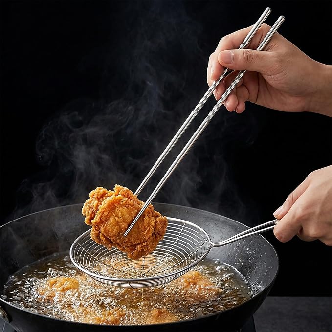 2Pcs Extra Long Cooking Chopstick 15.3" Metal Cooking Chopsticks | 304 Stainless Steel, Deep Frying, Non-Slip Thread, Reusable for Hot Pot and Noodle, Dishwasher Safe
