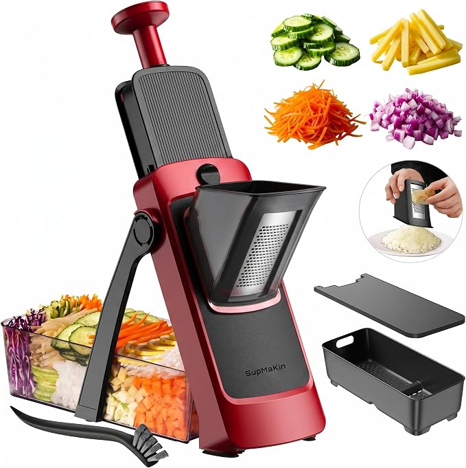 SUPMAKIN Safe Mandoline Slicer, Adjustable Vegetable Food Slicer and Chopper, Potato Fries Fry Cutter, Veggie Salad Chopper, New Kitchen Chopping Artifact Gifts (4V RED)