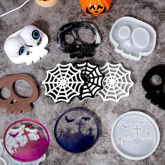 Halloween Coaster Resin Mold, 6Pcs Coaster Silicone Molds for Epoxy Resin, Skull Spider Web Cemetery Coaster Mold for Epoxy Casting, Jewelry Storage Candle Holder Mold for Craft Home Halloween Decor