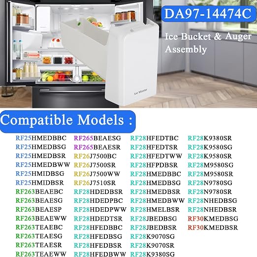 DA97-14474C, DA97-14474A, DA97-12604D Ice Bucket, ice Container Bucket Compatible with Samsung RF25, RF26, RF28, Series Refrigerator etc, Part Number: DA97-21040A, AP6034185 etc One Year Warranty