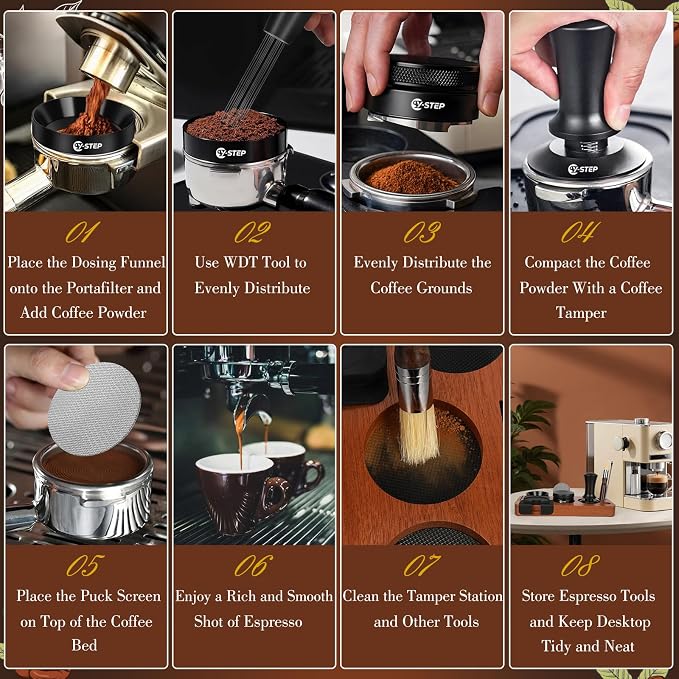 Y-Step 8 Pcs Espresso Accessories Kit, 53.3mm Espresso Tamper Kit Espresso Tools with Espresso Tamping Station, Coffee Tamper, Distributor, WDT Tool, Dosing Funnel, Puck Screen, Fits 54mm Portafilters