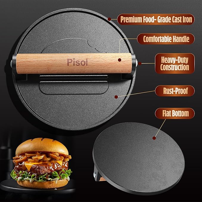 Pisol Pre-Seasoned Cast Iron Smash Burger Press, 2 lb Meat Press Tool 6.6” | Rustproof, Pre-Seasoned, Flat Bottom, Round, Wooden Handle, Dishwasher Safe, No Stick, Easy to Clean, 6.6'' Wide, 2lb