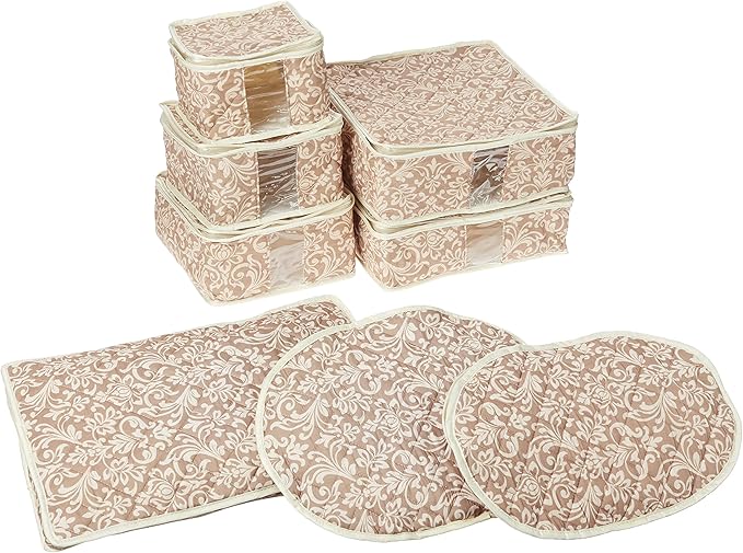 8-Piece Storage Containers Set – China, Beige, Quilted, Stackable Dish & Plate Protectors – Glass & Dinnerware Organizer Lids – Kitchen Storage for Meal, Tupperware, Glass Containers & Food Storage