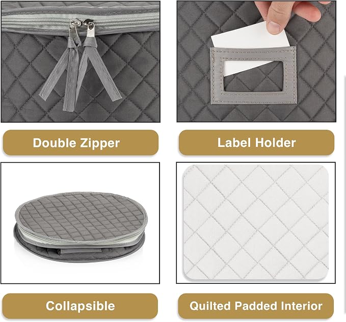 Stack Store Plus More China Storage Case - Dinner Plate Quilted Case - 12 inches diameter x 7 inches height - Gray - Includes 12 Felt Separators