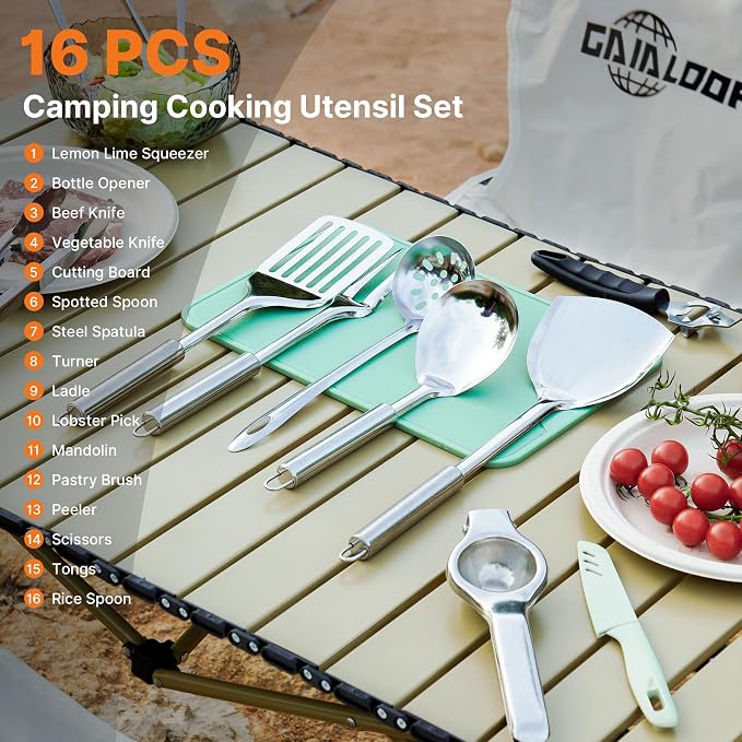 Gaialoop Portable Camping Cooking Utensils Set, Camp Kitchen Set with Organizer Bag, RV Essentials Outdoor Cooking Utensil Kit for Travel, Picnics, Camping, BBQs, Parties