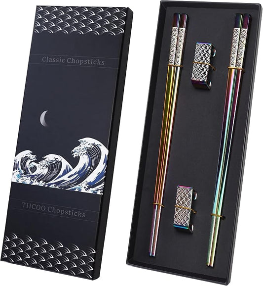 Metal Chopsticks Reusable 2 Pairs Titanium Plated Stainless Steel18/8 Chopsticks with Holder, Dishwasher Safe Lightweight Japanese Style Chopsticks Gift Set(Rainbow Gradient)