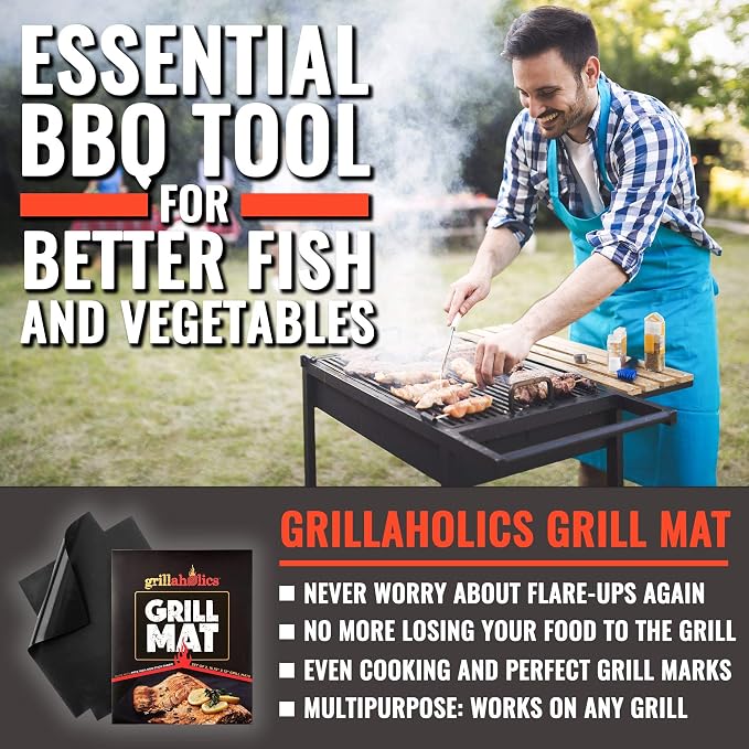 Grillaholics Reusable Non-Stick Grill Mats for Outdoor Grill | Set of 2 | Rated to 500°F | Doubles as Baking Mat & Oven Liner | Dishwasher Safe