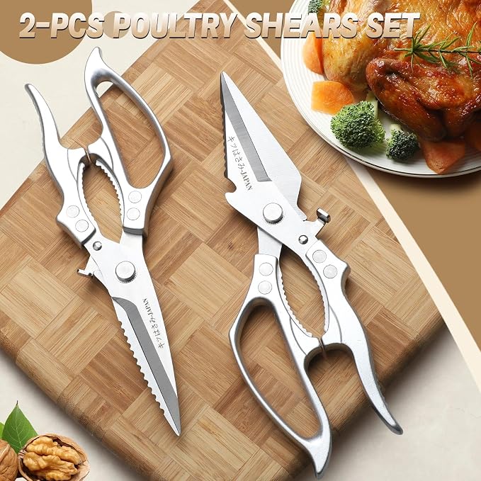 Freelander Poultry Shears Set Silver, All Purpose Heavy Duty Kitchen Shears | Japanese Kitchen Scissors for Food, Chicken, Meat, Fish, Vegetables with Ergonomic Non-Slip Handle, Gifts for Women Men