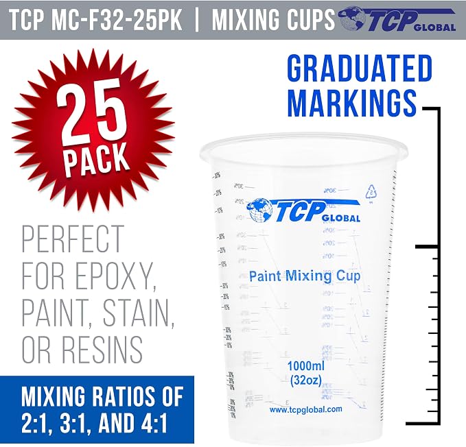 TCP Global 32 oz. (1000ml) Graduated Plastic Mixing Cups (Box of 25) - Disposable Plastic Measuring Cups for Liquids, Paints, Resin, Epoxy, Art, Kitchen - Ratios 2-1, 3-1, 4-1 ML