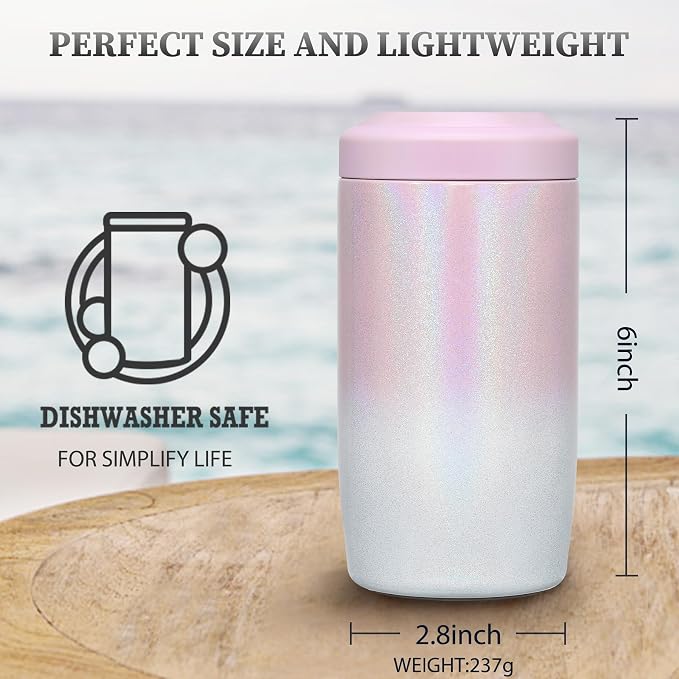 MAXSO Slim Can Cooler, 4-in-1 Double Walled Stainless Steel Insulated Beer Can Holder, Works With All 12 Oz Cans,Bottles & As A Pint Cups - Gradual Pink White