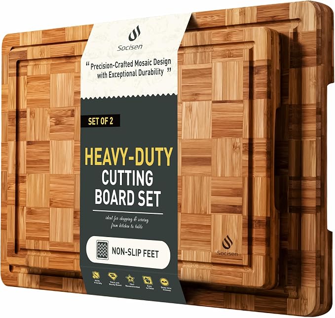 2 Pack Wooden Cutting Boards for Kitchen Bamboo Chopping Boards Non Toxic | Heavy Duty, End Grain, Non Slip, Cutting Board Set, Multiple Size, Solid Thick, Butcher Block, Wood Charcuterie Board