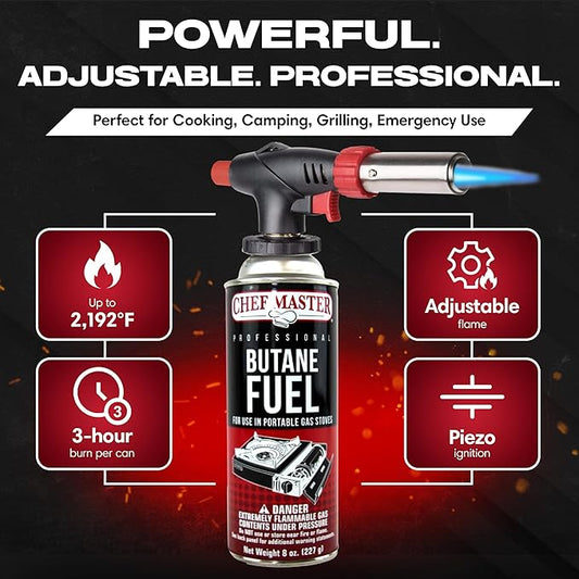 Butane Torch Lighter w/ 4 x 8oz. Butane Fuel Tin Canister Combo, Refillable Kitchen Torch & Adjustable Flame Cooking Torcher for Creme Brulee, Dessert, Meats, Indoor & Outdoor BBQ by Chef Master 90022