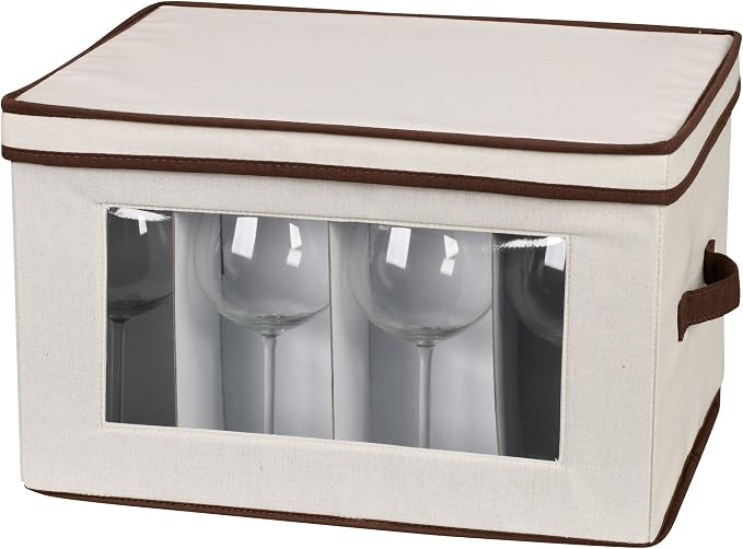 Household Essentials Wine Glass Storage Box in Strong Frame, Handles, Windowed Panel and 12 Compartments, Cream with Brown Trim