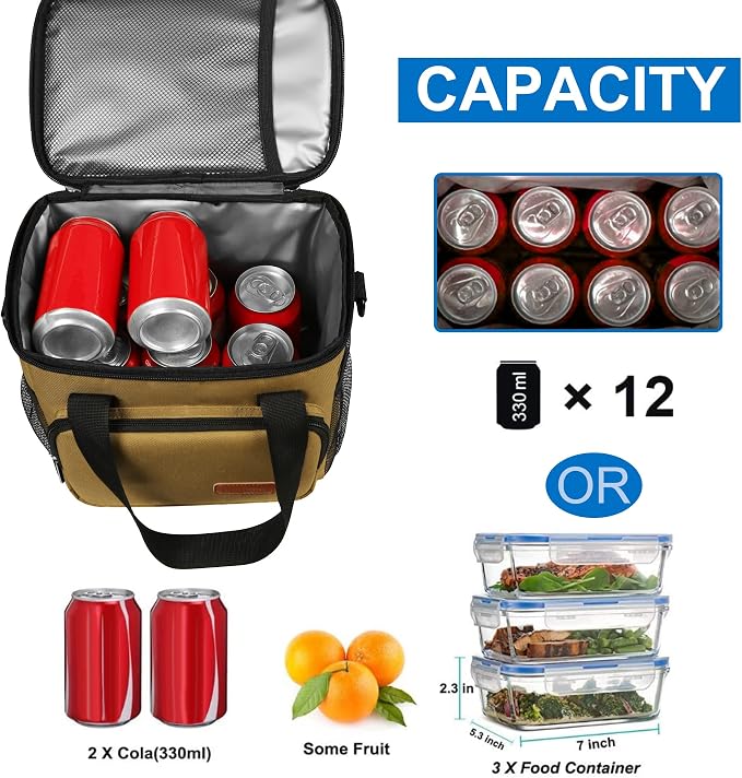 Lunch Bags for Women/Men, Insulated Lunch Bag for Work Office Picnic - Lunch Cooler Bag Leakproof Lunch Box with Adjustable Shoulder Strap - Khaki