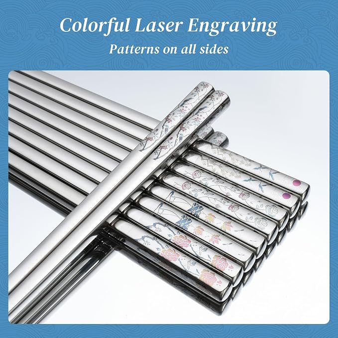Stainless Steel Chopsticks, Titanium Plated Metal Chopsticks, 9.8" Premium Japanese Korean Color Laser Engraved Cooking Chop Sticks, Dishwasher Safe, Reusable, Anti-slip, Anti-scald, 5 Pairs Gift Set