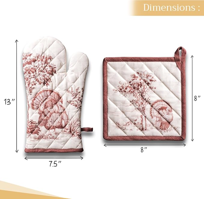 Maison d' Hermine 100% Cotton Oven Mitt & Pot Holder Set (7.5"x13" & 8"x8") | Heat Resistant BBQ Cooking Gloves with Loop Baking Kitchen Hotel Home Farmhouse Thanksgiving Christmas - Holy Jouy - Brown