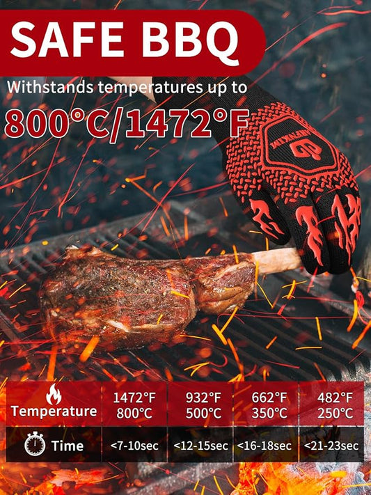 BBQ Oven Gloves, 1472℉ 3-Layers Heat Resistant Oven Mitts Silicone Non-Slip Cooking Gloves for Barbecue, Grilling, Baking, Welding, Smoker (A Pair) (Red)