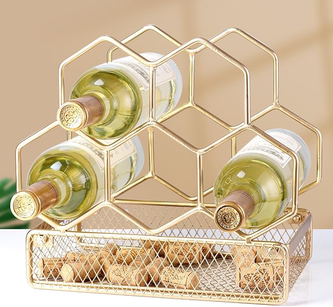 Countertop Wine Rack - 6 Bottle with Cork Storage Freestanding Modern Gold Metal Wine Rack - Tabletop Wine Holder Stand for Cabinet, Pantry, Wine Bottle Storage…
