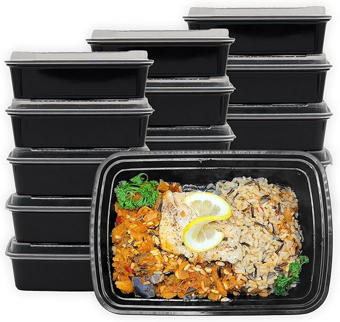 MULMEHË Plastic Food Storage Take-Out Container and Lid Combo, 38 oz, Microwaveable, Rectangular, Black, 8.5x6x2, Set of 150