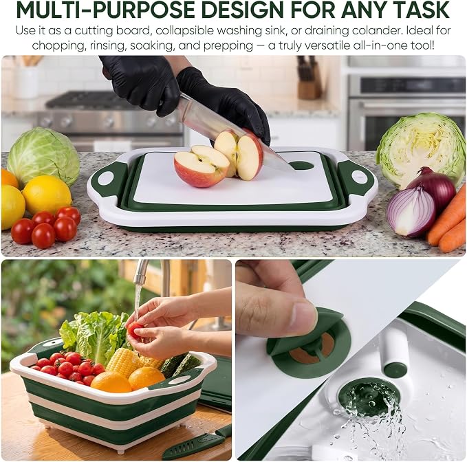 Collapsible BBQ Prep Tub with Lid, Foldable Camping Sink with Colander, Cutting Board, Dish Basin for Kitchen, Bowl, Vegetable and Fruit, Storage Basket for Picnic-Green