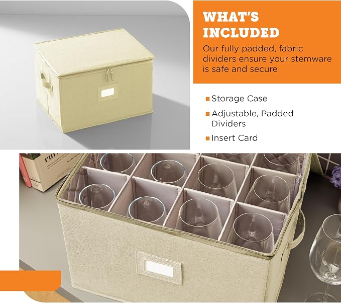 storageLAB Wine Glass Storage Case | Hard Shell Felt Dividers | Cream | Hard shell case holds 12 wine glasses in 4x4 felt compartments. Stackable, top-load, label tag. Cream linen finish.