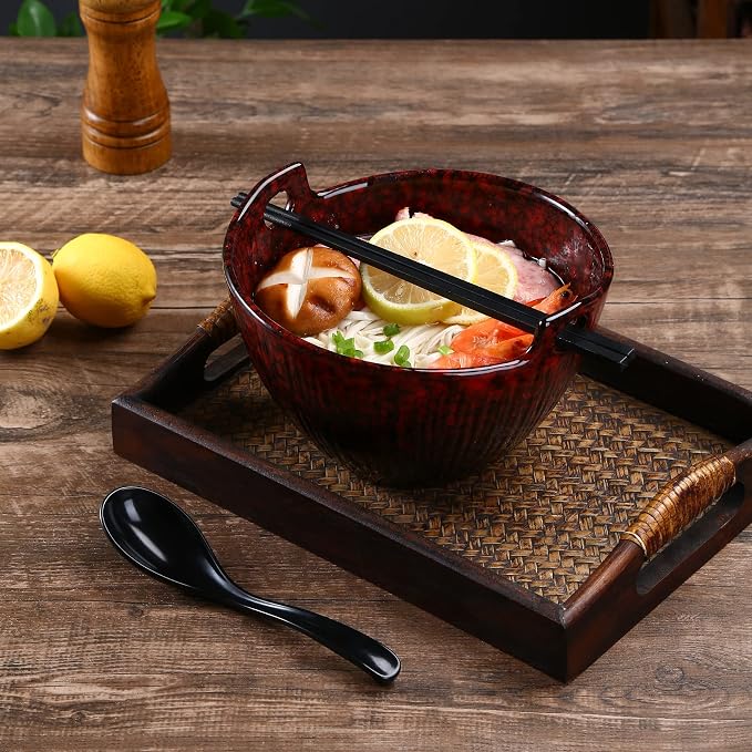 Ramen Bowl Set with Chopsticks and Spoons, Ceramic Noodle Bowl Set of 2, Donburi Bowl, Dishwasher Safe for Pho Udon Soba Noodle Salad Pasta, Special Reactive Glazed Crimson Bowls Set