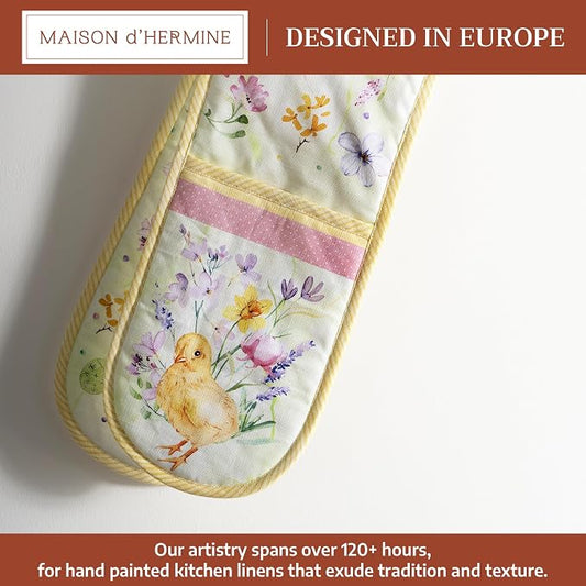 Maison d' Hermine Double Oven Mitts 100% Cotton Double Oven Glove (7"x35") | Heat Resistant BBQ Cooking Gloves with Loop Baking Grilling Kitchen Hotel Home Farmhouse Spring Summer - Easter Zest