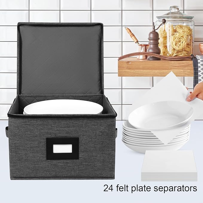 China Storage Containers Hard Shell, 12" Plates Storage Box for Dishes | Stackable Dinnerware Storage Containers with 48 Felt Dividers (4 Pack Black)
