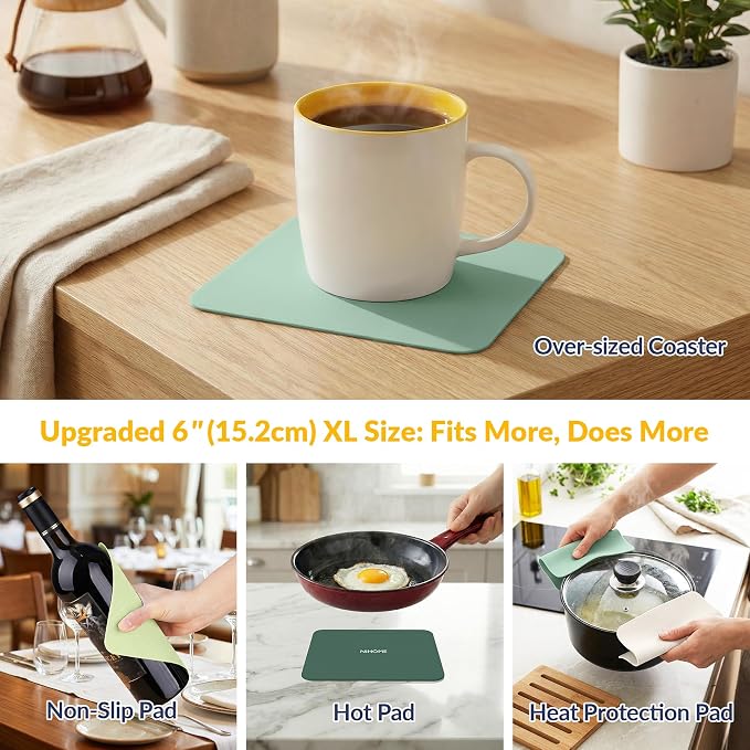 NIHOME Silicone Jar Opener – 6 Inch Large Anti-Slip Grip Pads, Premium 100% Food-Grade Silicone, Stylish Designer Colors, Multi-Purpose Heat-Resistant Mat & Coaster, Set of 4 (Green Gradient, Square)