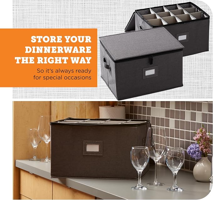 storageLAB Wine Glass Storage Cases | Hard Shell Felt Dividers | 2 Pack | 2-pack - each hard shell case holds 12 wine glasses in 4x4 felt compartments. Stackable, top-load. 24 glasses total.