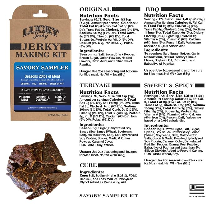 Lucky Jerky Ultimate Savory DIY Beef Jerky Seasoning and Cure Kit, 12 Oz | Make Your Own with Original, BBQ, Teriyaki, and Sweet & Spicy, Seasons 5 lbs per Flavor, 20 lbs Total