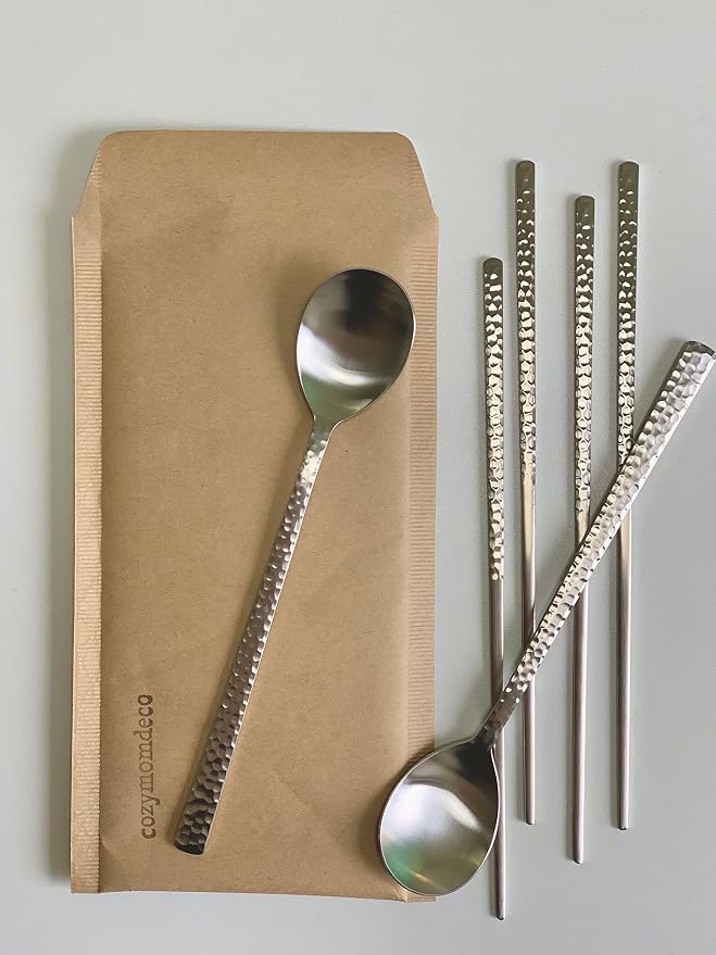 Korean Made Silver Glossy Hammered Stainless Steel Korean Spoon & Chopstick SET Stocking Stuffer Gift for Mom (2SET) Stocking Stuffer