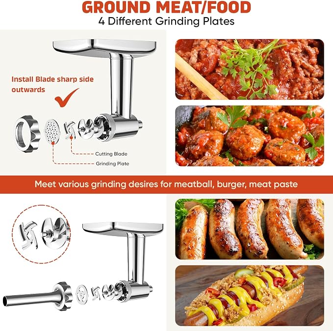 GVODE Stainless Steel Meat Grinder for KitchenAid Mixer, with Burger Press | Dishwasher Safe, Meat Grinder Attachment for KitchenAid Stand Mixer Includes 4 Grinding Plates, 3 Sausage Tubes, 2 Blades