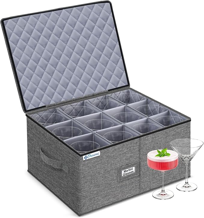 Wine Glass Storage Box for Martini, 5" Wide Cell Hard Shell China Storage Containers with Dividers, Stackable Stemware Storage Holder for Glassware, Margarita, Goblets & Brandy Snifters, Grey