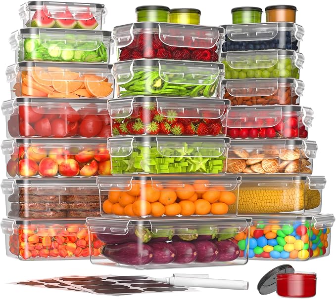 KEMETHY 50-Piece Food Storage Containers with Lids(25 Containers & 25 Lids), Plastic Food Containers for Pantry & Kitchen Storage and Organization, BPA-Free, Leak Proof, Reusable with Labels & Pen