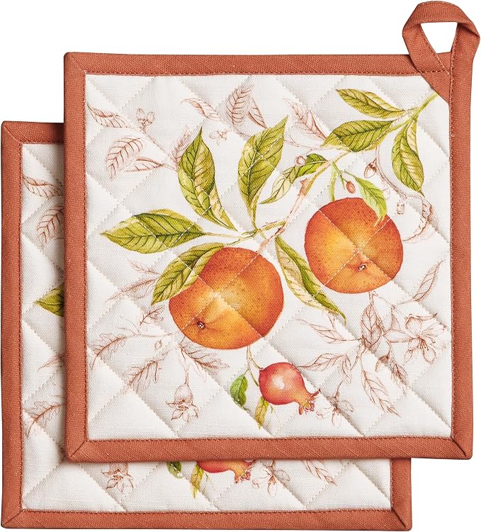Maison d' Hermine Pot Holders 100% Cotton Potholders (8" x 8", Pack of 2) | Heat Resistant Hot Pads with Loop BBQ Cooking Baking Hotel Kitchen Handling Hot Pans Thanksgiving Christmas - Vintage Harvest