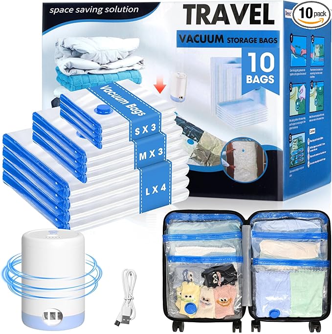 10 Pack Travel Vacuum Storage Bags with USB Electric Pump, Combo Space Saver Vacuum Seal Bags for Clothing Travel Vaccine Sealed Storage Bag for Blankets Clothes Comforters Luggage, Clear