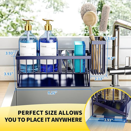 Cisily Navy Blue Sink Caddy Organzier with High Brush Holder, Sponge Holder for Sink, 304 Rustproof Stainless, Kitchen Countertop Soap Dispenser Organizer, Gray Blue Kitchen Decor and Accessories