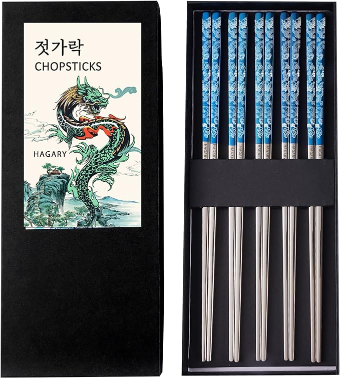 Hagary Dragon Chopsticks Metal Reusable Designed In Korea Japanese Style Stainless Steel 316 18/10 Non-Slip Dishwasher Safe Laser Etched (Blue - 5 Pairs)