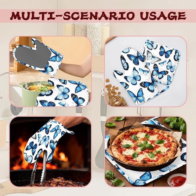 Blue Butterfly Heat-Resistant Silicone Oven Mitts and Pot Holder 4 Piece Set,Non-Slip Kitchen Oven Gloves for Baking, BBQ, Cooking,Grilling